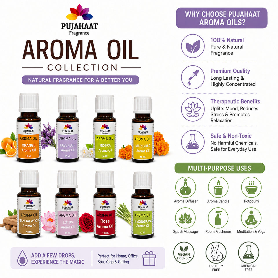 Pujahaat Lavender, Jasmine, Marigold (Genda), Orange, Rose, Lotus, Lemongrass, Sandalwood Aroma Oil for Aromatherapy oils, Oil for diffusers, Humidifier oils, Oil Burners, Spa and Air Purifier 10ml Each - Set of 8 (8 x 10 ml)