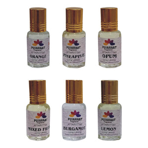 Pujahaat Premium Alcohol-Free Attar Gift (Pack Of 6) Perfume Combo Ittar- Lemon, Orange, Bergamot, Pineapple, Mixed Fruit, Opum (In Roll on Bottle) 18ml (6x3ml) Combo - 4