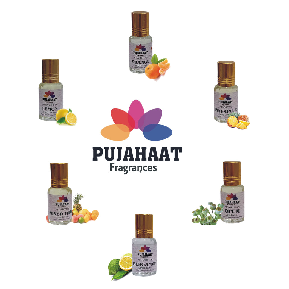 Pujahaat Premium Alcohol-Free Attar Gift (Pack Of 6) Perfume Combo Ittar- Lemon, Orange, Bergamot, Pineapple, Mixed Fruit, Opum (In Roll on Bottle) 18ml (6x3ml) Combo - 4