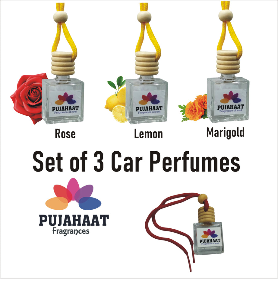 Pujahaat Car Perfume 3 pcs Combo Hanging Pod 10ml Premium Fragrance | High Diffusion with Premium Fragrance Oils with Wooden Diffuser Lid | Long Lasting | Lasts Up to 45 Days - Marigold, Rose, Lemon