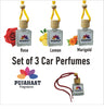 Pujahaat Car Perfume 3 pcs Combo Hanging Pod 10ml Premium Fragrance | High Diffusion with Premium Fragrance Oils with Wooden Diffuser Lid | Long Lasting | Lasts Up to 45 Days - Marigold, Rose, Lemon