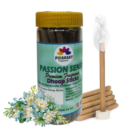 Pujahaat Passion Senses Rare Premium Scented Incense Stick | Dry Dhoop Stick | No Charcoal, Bambooless | Dhoop Batti 4 inches with free Holder - Passion Senses Fragrance - 100 Gms