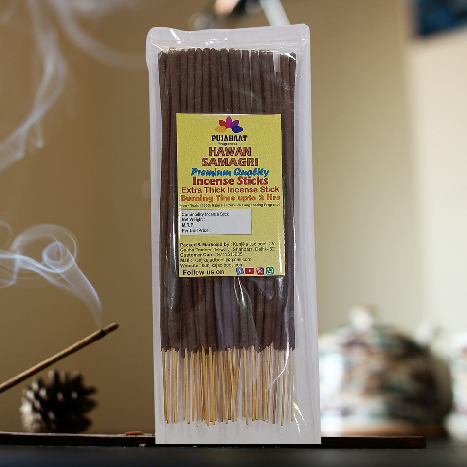 Pujahaat Premium Scented Incense Stick Agarbatti | No Charcoal Incense Sticks, 100 minutes burning time, 0% Sulphates Fragrance - Hawan Samgri Fragrance