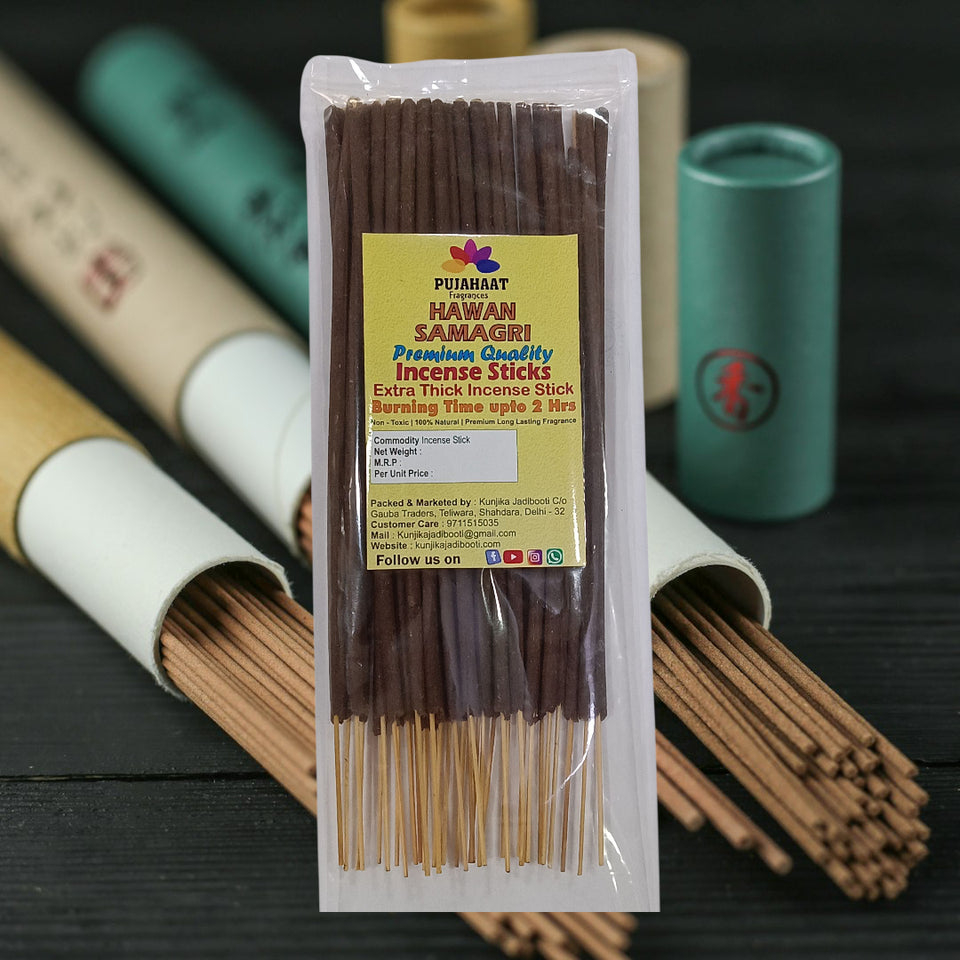 Pujahaat Premium Scented Incense Stick Agarbatti | No Charcoal Incense Sticks, 100 minutes burning time, 0% Sulphates Fragrance - Hawan Samgri Fragrance