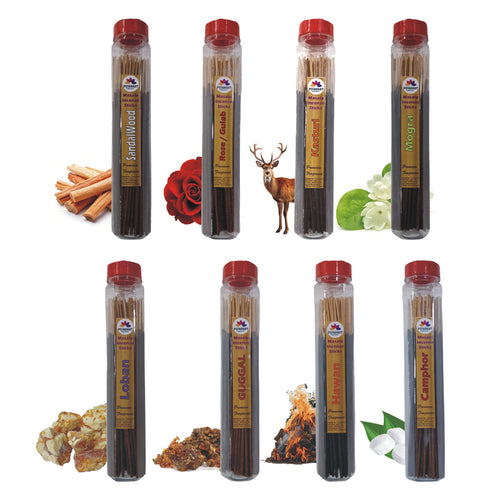 Pujahaat Premium Sandalwood, Rose, Mogra, Loban, Guggal, Hawan Samagri, Camphor (Kapoor), Musk(Kasturi) Scented Incense Stick Masala Agarbatti | No Charcoal Incense Sticks, Agarbathi, 0% Sulphates 8 Fine Fragrance - 800 gm (8 x 100 GMS)