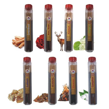 Pujahaat Premium Sandalwood, Rose, Mogra, Loban, Guggal, Hawan Samagri, Camphor (Kapoor), Musk(Kasturi) Scented Incense Stick Masala Agarbatti | No Charcoal Incense Sticks, Agarbathi, 0% Sulphates 8 Fine Fragrance - 800 gm (8 x 100 GMS)