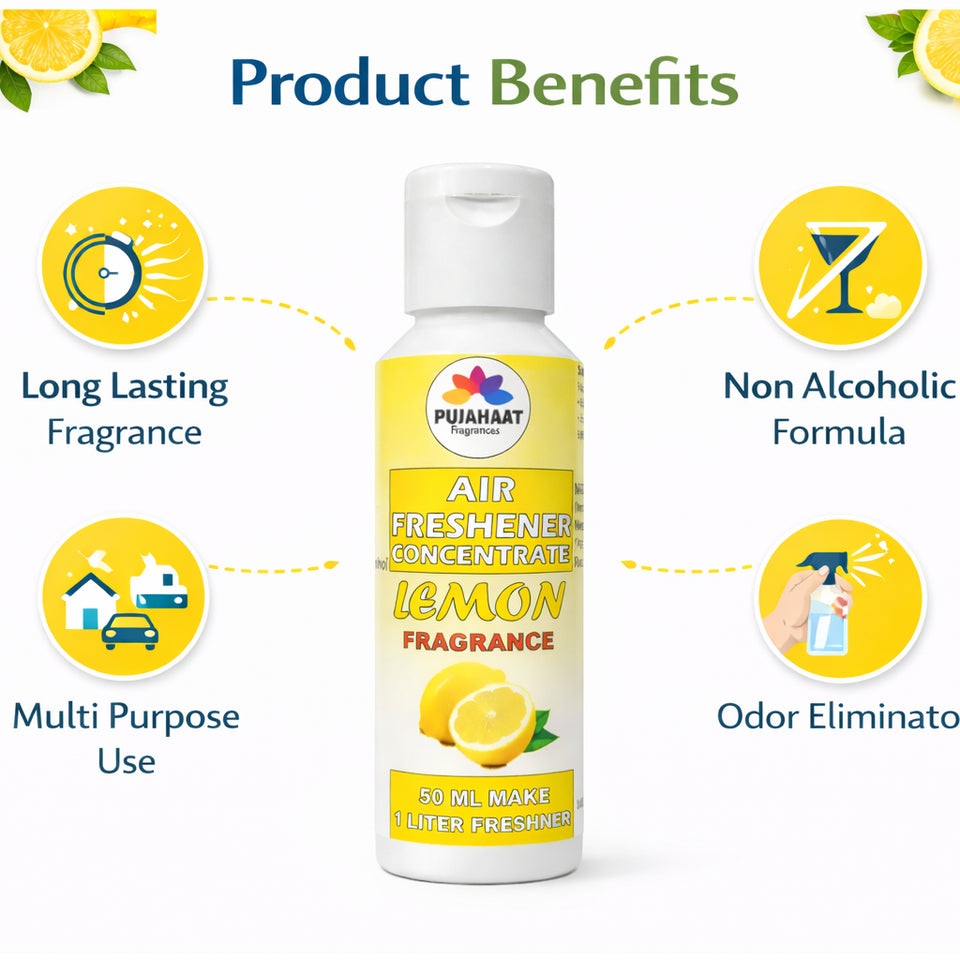 Pujahaat Air Freshener Concentrate Set of 3 (50ml Each) Makes 1 Liter Each | Long Lasting Room Freshener Liquid | Fragrance Combo for Home, Office, Car | Alcohol-Free Premium Fragrance - Lemon