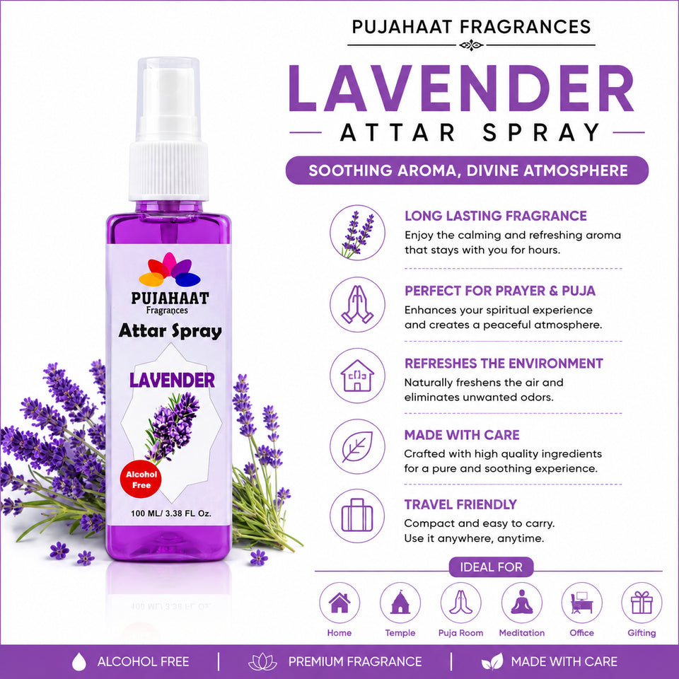 Lavender Attar Spray by Pujahaat | 100ml Non Alcoholic Spray | Religious Mist | Air Freshener, Room Mist, Fabric & Linen Spray | Perfect for Prayer mats, beds, sofas, curtains