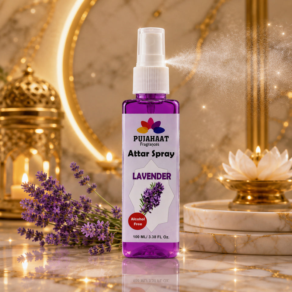 Lavender Attar Spray by Pujahaat | 100ml Non Alcoholic Spray | Religious Mist | Air Freshener, Room Mist, Fabric & Linen Spray | Perfect for Prayer mats, beds, sofas, curtains
