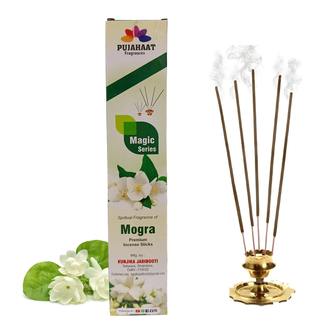 Pujahaat Premium Scented Incense Stick Agarbatti | No Charcoal Incense Sticks, 0% Sulphates Fragrance 20 Gm per pack Mogra Fragrance - Pack of 12 pcs