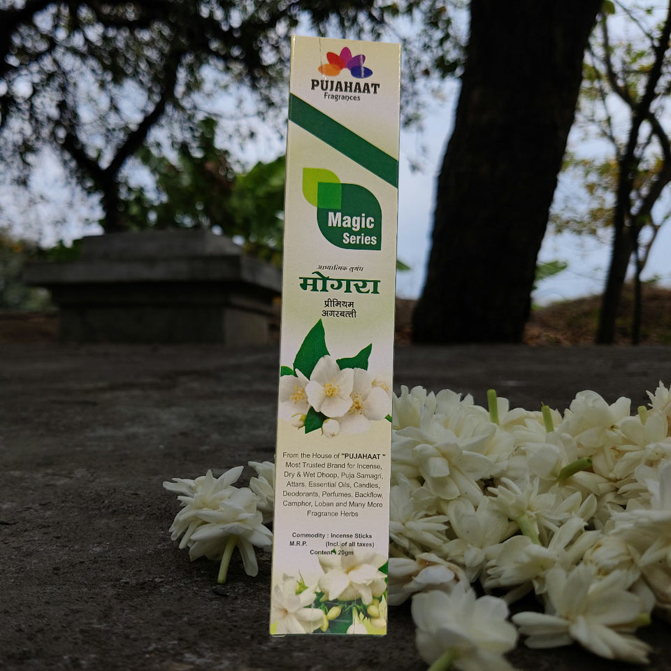 Pujahaat Premium Scented Incense Stick Agarbatti | No Charcoal Incense Sticks, 0% Sulphates Fragrance 20 Gm per pack Mogra Fragrance - Pack of 12 pcs