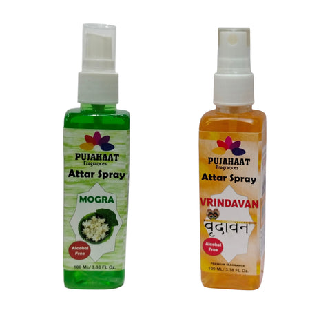 Pujahaat Mogra and Vrindavan Attar Spray Combo | Non Alcoholic Spray | Religious Mist | Air Freshener, Room Mist, Fabric Linen Spray | Perfect for Prayers Rooms, Living Room, car set of 2 pcs