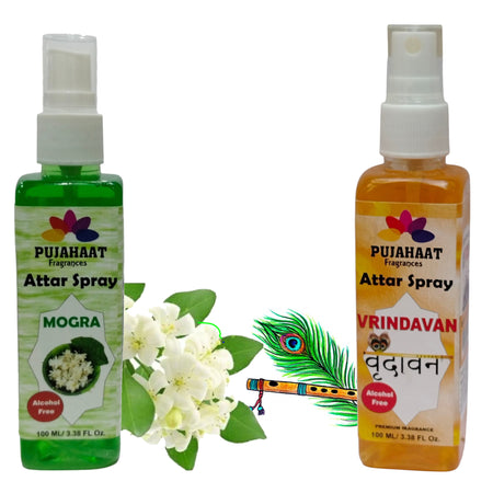 Pujahaat Mogra and Vrindavan Attar Spray Combo | Non Alcoholic Spray | Religious Mist | Air Freshener, Room Mist, Fabric Linen Spray | Perfect for Prayers Rooms, Living Room, car set of 2 pcs
