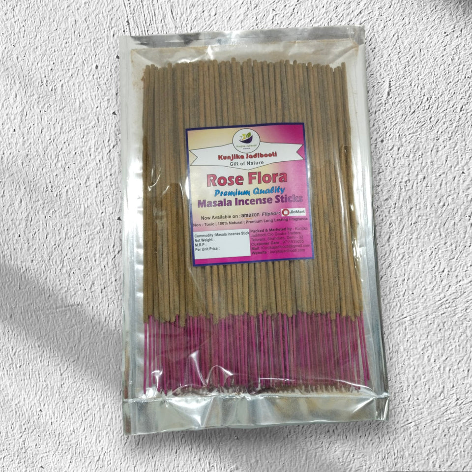 Kunjika Jadibooti Rose Flora Gulab Premium Natural Masala Incense Sticks Natural Rose Flora Gulab Agarbatti Nagchampa 100% Natural Fragrances - 100 Gms