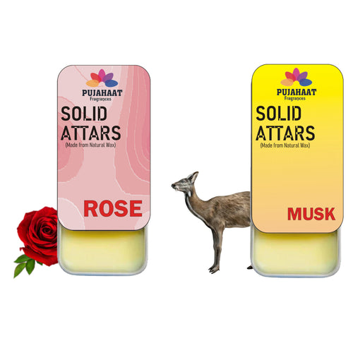 Pujahaat Rose | Musk Combo Premium Fragrance | Solid Attar for Men & Women | Alcohol Free | Strong lasting fragrance - Rose, Musk