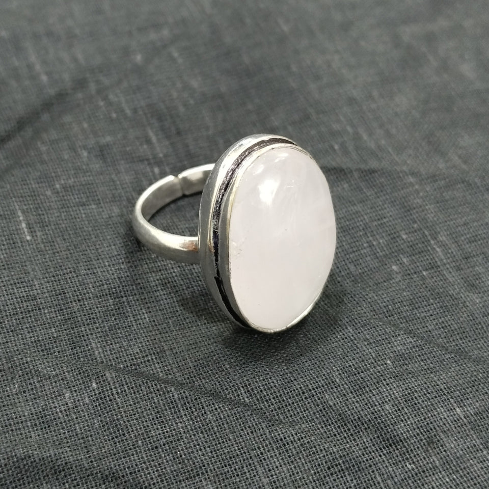 Natural Rose Quartz Gemstone Adjustable Ring in White Metal German Silver for Men & Women