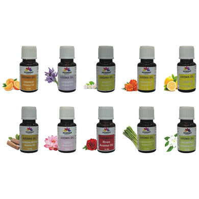 Pujahaat Lavender, Jasmine, Marigold (Genda), Orange, Rose, Lotus, Lemongrass, Sandalwood, Mogra, Lemon Aroma Oil for Aromatherapy oils, Oil for diffusers, Humidifier oils, Oil Burners, Spa and Air Purifier 10ml Each - Set of 10 (10 x 10 ml)