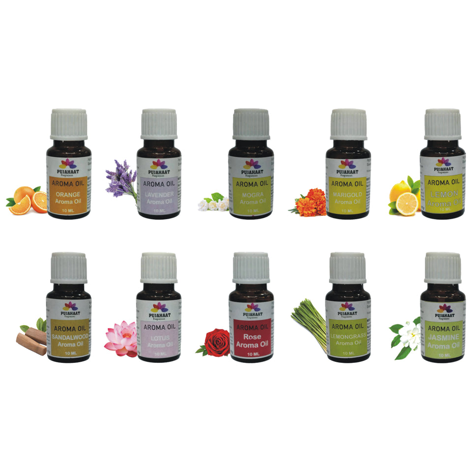Pujahaat Lavender, Jasmine, Marigold (Genda), Orange, Rose, Lotus, Lemongrass, Sandalwood, Mogra, Lemon Aroma Oil for Aromatherapy oils, Oil for diffusers, Humidifier oils, Oil Burners, Spa and Air Purifier 10ml Each - Set of 10 (10 x 10 ml)