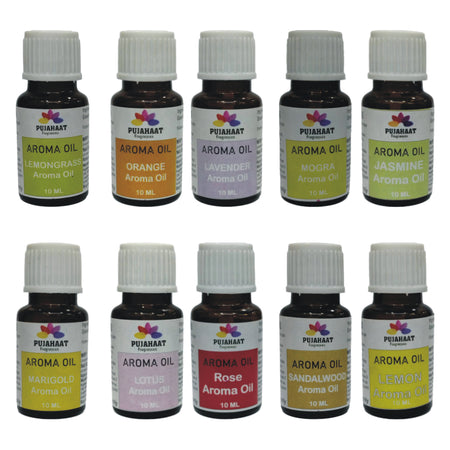 Pujahaat Lavender, Jasmine, Marigold (Genda), Orange, Rose, Lotus, Lemongrass, Sandalwood, Mogra, Lemon Aroma Oil for Aromatherapy oils, Oil for diffusers, Humidifier oils, Oil Burners, Spa and Air Purifier 10ml Each - Set of 10 (10 x 10 ml)
