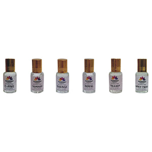 Pujahaat Premium Alcohol-Free Attars | Ittar (Pack Of 6) Attar Perfume Combo- Million, Spice Twist, Nomade, C-five, Savage, Royal - 18ml (6x3ml) Combo-5