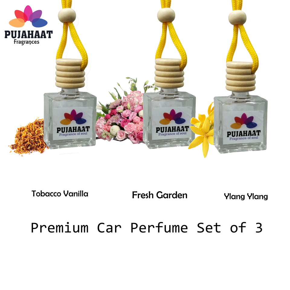 Pujahaat Car Perfume 3 pcs Combo Hanging Pod 10ml Premium Fragrance | High Diffusion with Premium Fragrance Oils with Wooden Diffuser Lid | Long Lasting | Lasts Up to 45 Days - Tobacco Vanilla, Fresh Garden, Ylang Ylang