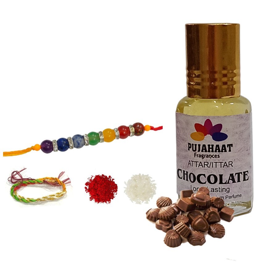 Pujahaat Raksha Bandhan Combo- Chocolate Attar ( Alcohol-Free) 6ml & 7 Chakra Crystal Beads 8mm Rakhi