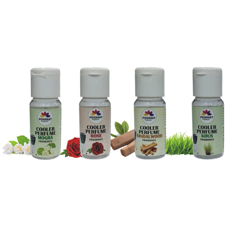 Pujahaat Khus, Mogra, Rose, Sandalwood Cooler Perfume/Aroma Diffuser Oil or Fragrance, Long Lasting Cooler Scent/Aroma Diffuser Fragrance Oil - Multipurpose Aroma Oil Perfume for Cooler - 25 ml each (4 X 25 ml)
