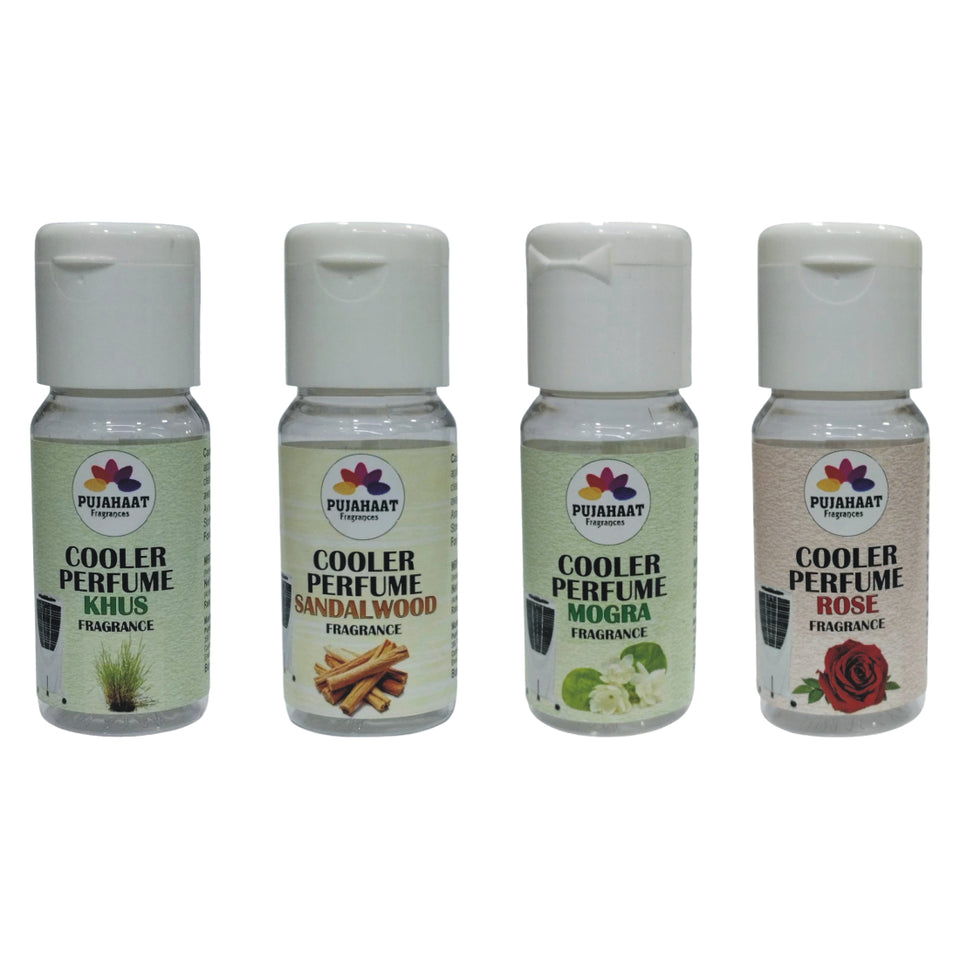 Pujahaat Khus, Mogra, Rose, Sandalwood Cooler Perfume/Aroma Diffuser Oil or Fragrance, Long Lasting Cooler Scent/Aroma Diffuser Fragrance Oil - Multipurpose Aroma Oil Perfume for Cooler - 25 ml each (4 X 25 ml)