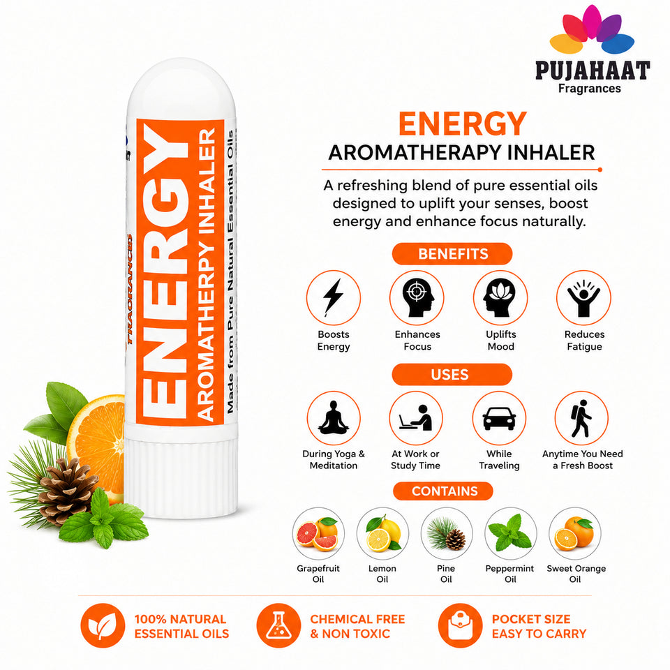 Pujahaat Natural Essential oil based Aromatherapy Nasal Inhaler Stick ENERGY, Made with 100% natural, therapeutic grade essential oils - Set of 2