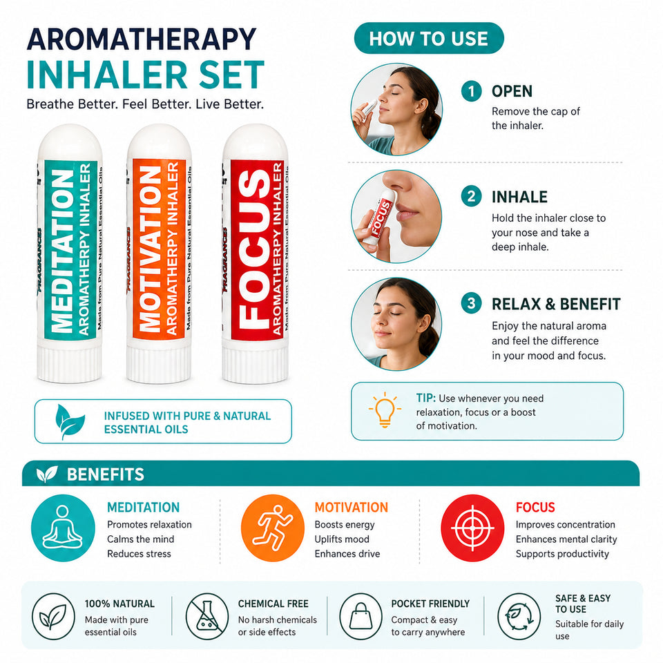 Pujahaat Natural Essential oil based Aromatherapy Nasal Inhaler Stick Mediation, Motivation, Focus Made with therapeutic grade essential oils- Set of 3