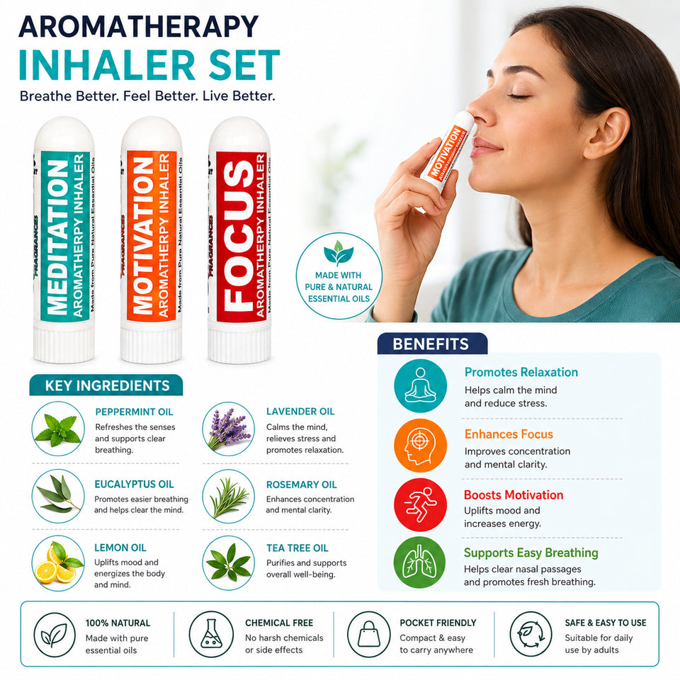 Pujahaat Natural Essential oil based Aromatherapy Nasal Inhaler Stick Mediation, Motivation, Focus Made with therapeutic grade essential oils- Set of 3