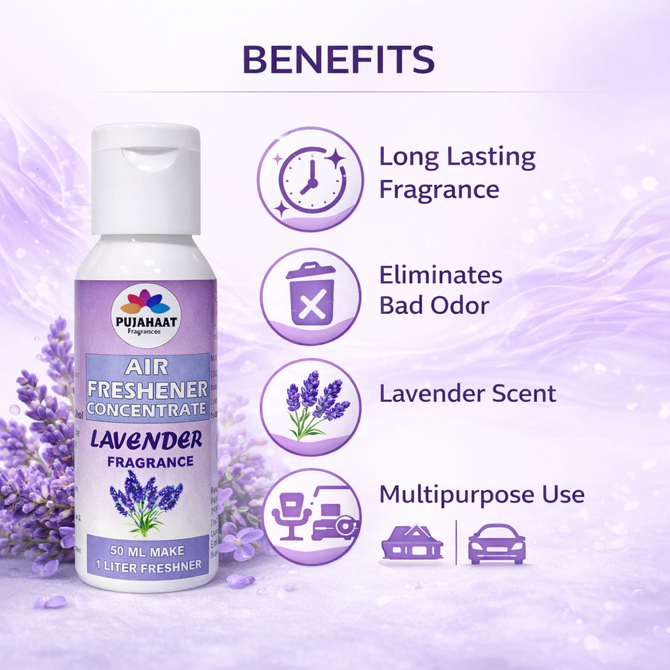 Sandalwood, Lavender, Jasmine Air Freshener Concentrate Set of 3 (50ml Each) Makes 1 Liter Each | Long Lasting Room Freshener Liquid | Fragrance Combo for Home, Office, Car | Alcohol-Free Premium Fragrance by Pujahaat