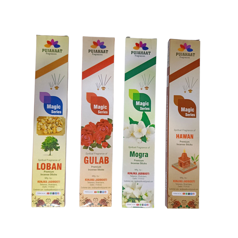 Pujahaat Premium Scented Incense Stick Agarbatti | No Charcoal Incense Sticks, 0% Sulphates Fragrance 20 Gm per pack - 4 Fragrances Rose, Loban, Hawan, Mogra 3 packs each - 12 pcs