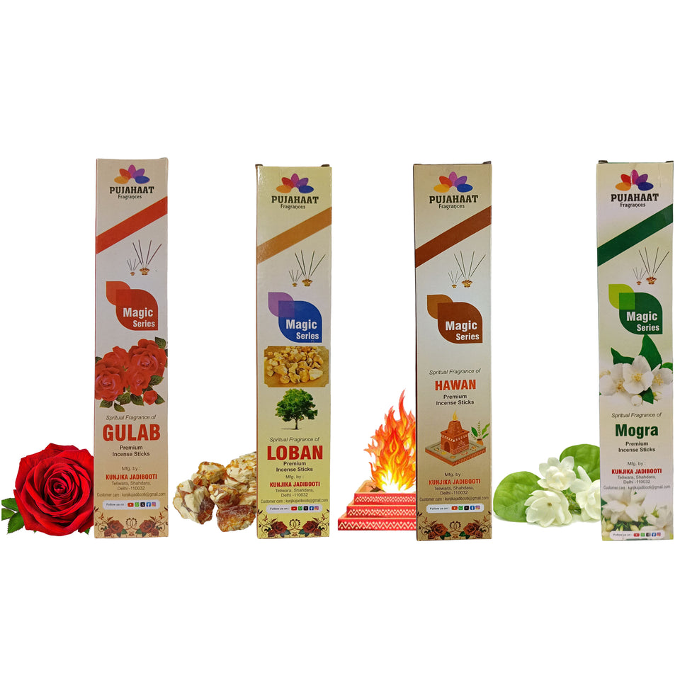 Pujahaat Premium Scented Incense Stick Agarbatti | No Charcoal Incense Sticks, 0% Sulphates Fragrance 20 Gm per pack - 4 Fragrances Rose, Loban, Hawan, Mogra 3 packs each - 12 pcs