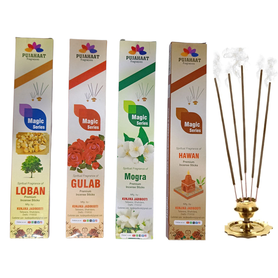 Pujahaat Premium Scented Incense Stick Agarbatti | No Charcoal Incense Sticks, 0% Sulphates Fragrance 20 Gm per pack - 4 Fragrances Rose, Loban, Hawan, Mogra 3 packs each - 12 pcs