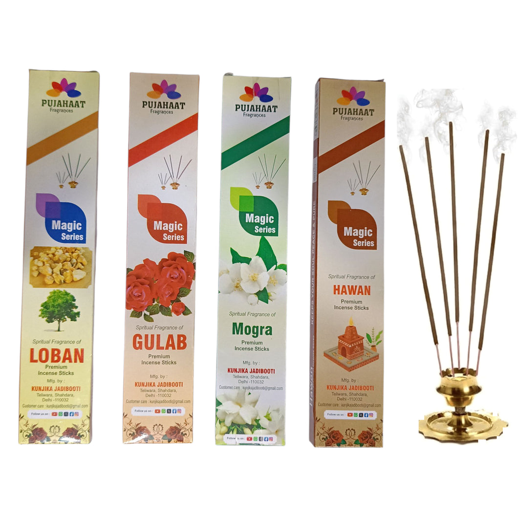 Pujahaat Premium Scented Incense Stick Agarbatti | No Charcoal Incense Sticks, 0% Sulphates Fragrance 20 Gm per pack - 4 Fragrances Rose, Loban, Hawan, Mogra 3 packs each - 12 pcs
