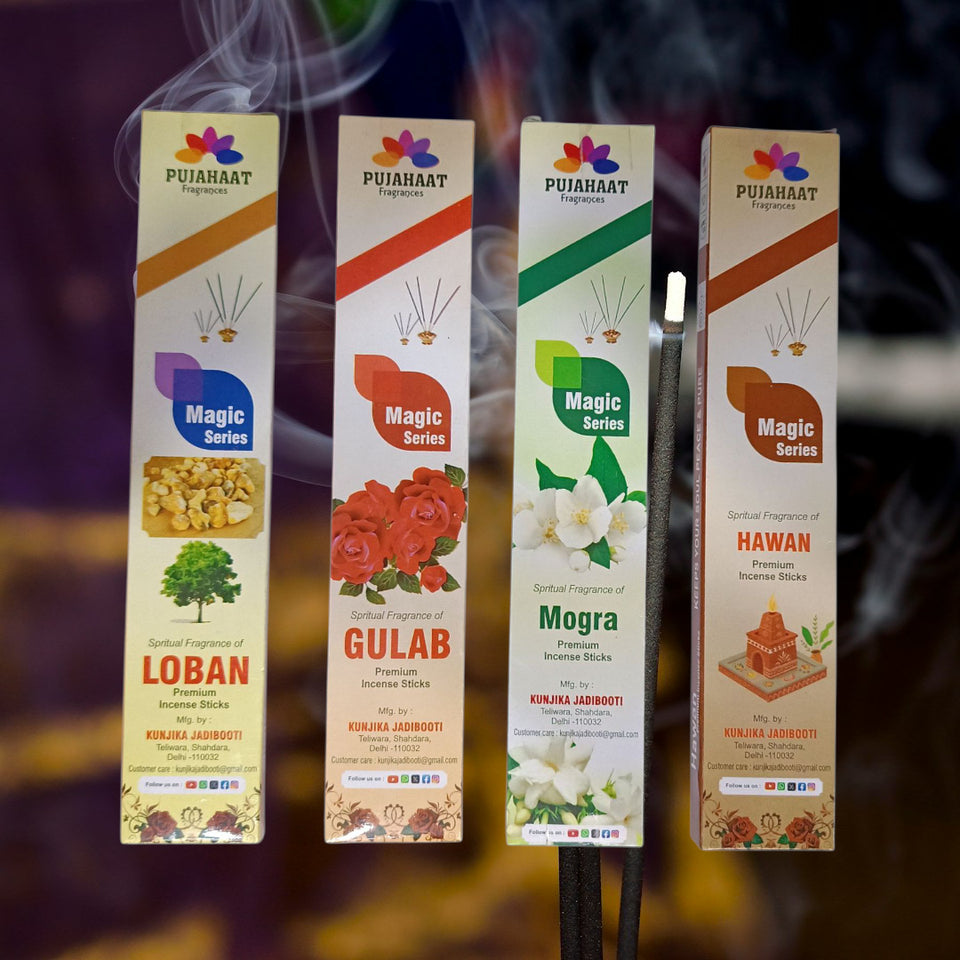 Pujahaat Premium Scented Incense Stick Agarbatti | No Charcoal Incense Sticks, 0% Sulphates Fragrance 20 Gm per pack - 4 Fragrances Rose, Loban, Hawan, Mogra 3 packs each - 12 pcs