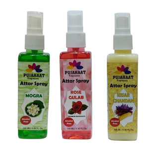 Pujahaat Rose, Kesar Chandan and Mogra Attar Spray Combo | Non Alcoholic Spray | Religious Mist | Air Freshener, Room Mist, Fabric Linen Spray | Perfect for Prayers Rooms, Living Room, car - set of 3