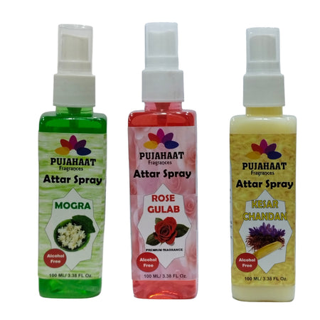 Pujahaat Rose, Kesar Chandan and Mogra Attar Spray Combo | Non Alcoholic Spray | Religious Mist | Air Freshener, Room Mist, Fabric Linen Spray | Perfect for Prayers Rooms, Living Room, car - set of 3