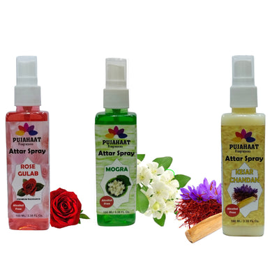 Pujahaat Rose, Kesar Chandan and Mogra Attar Spray Combo | Non Alcoholic Spray | Religious Mist | Air Freshener, Room Mist, Fabric Linen Spray | Perfect for Prayers Rooms, Living Room, car - set of 3
