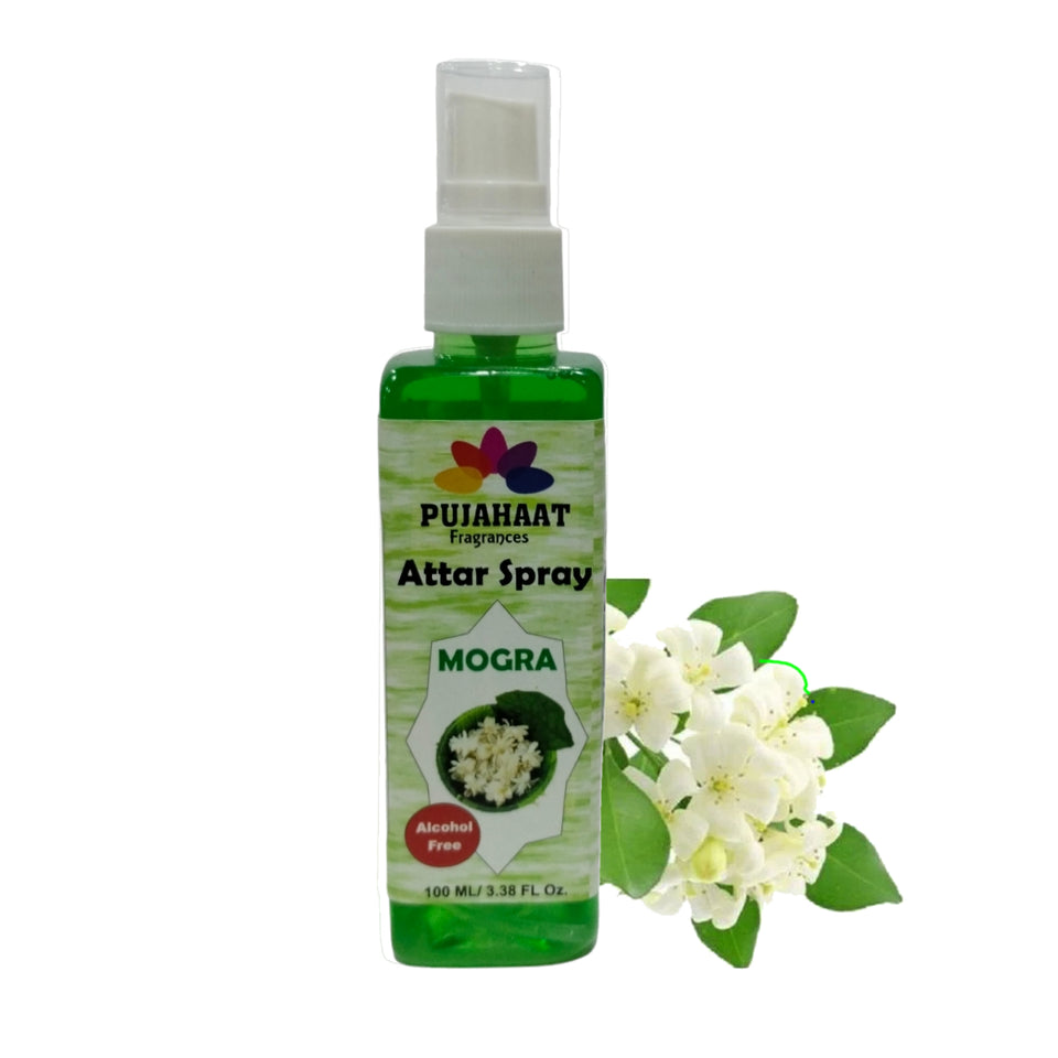 Pujahaat Mogra and Rose Attar Spray Combo | Non Alcoholic Spray | Religious Mist | Air Freshener, Room Mist, Fabric Linen Spray | Perfect for Prayers Rooms, Living Room, car set of 2 pcs