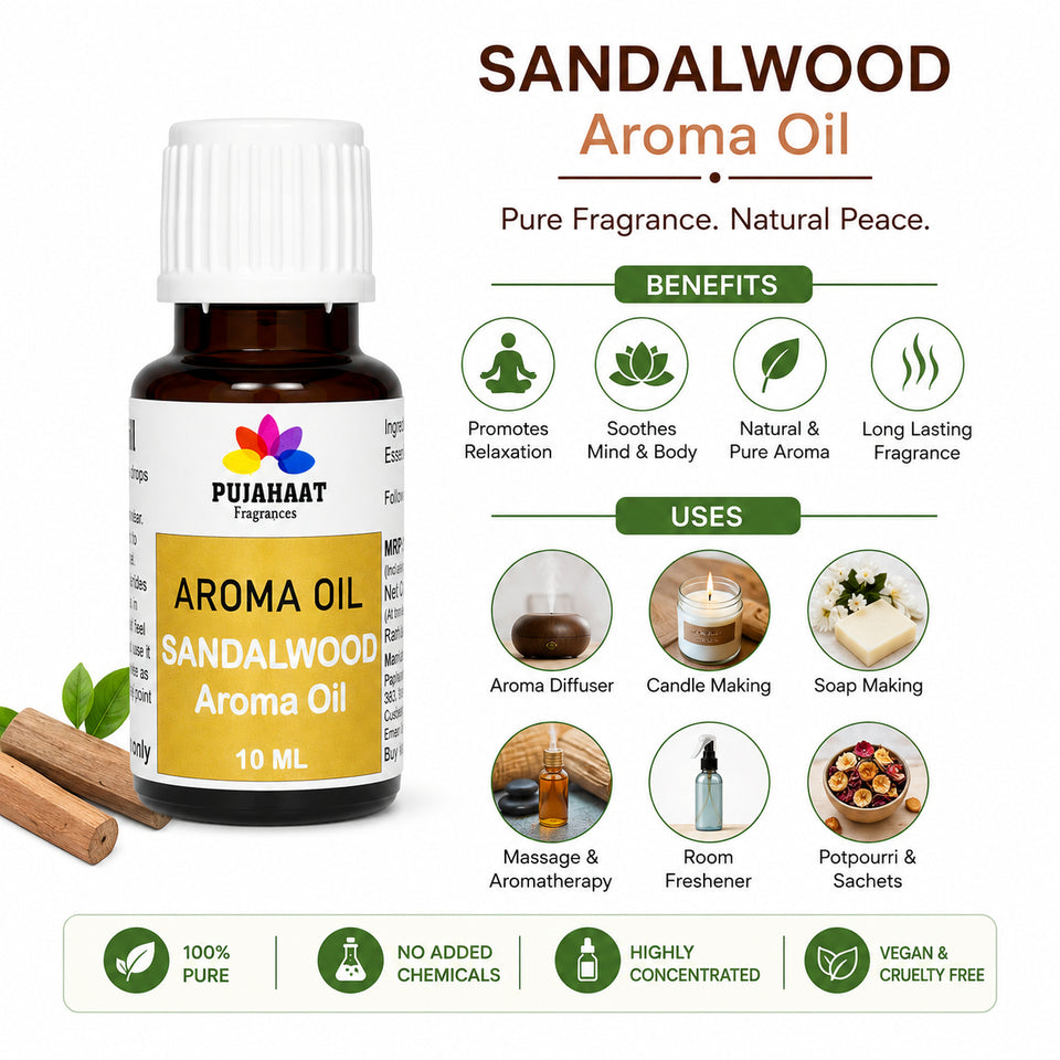 Pujahaat Sandalwood  (Chandan) Aroma Oil for Aromatherapy oils, Oil for diffusers, Humidifier oils, Oil Burners, Spa and Air Purifier 10ml Each, Sandalwood - Set of 2 (2 x 10 ml)