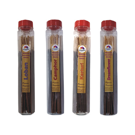 Pujahaat Premium Loban, Camphor (Kapoor), Musk, Dreamflower Scented Incense Stick Masala Agarbatti | No Charcoal Incense Sticks, 100% Herbal Fragrance Agarbatti, 0% Sulphates 4 Fine Fragrance - 400 gm (4 x 100 GMS)