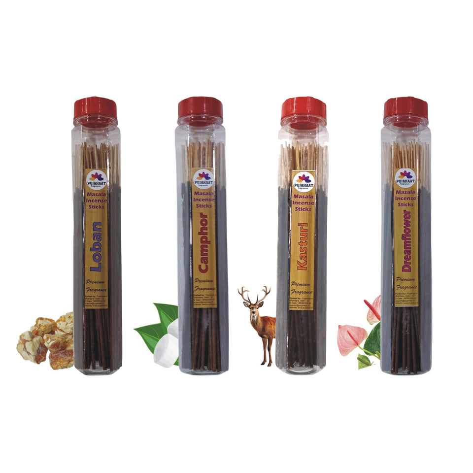 Pujahaat Premium Loban, Camphor (Kapoor), Musk, Dreamflower Scented Incense Stick Masala Agarbatti | No Charcoal Incense Sticks, 100% Herbal Fragrance Agarbatti, 0% Sulphates 4 Fine Fragrance - 400 gm (4 x 100 GMS)