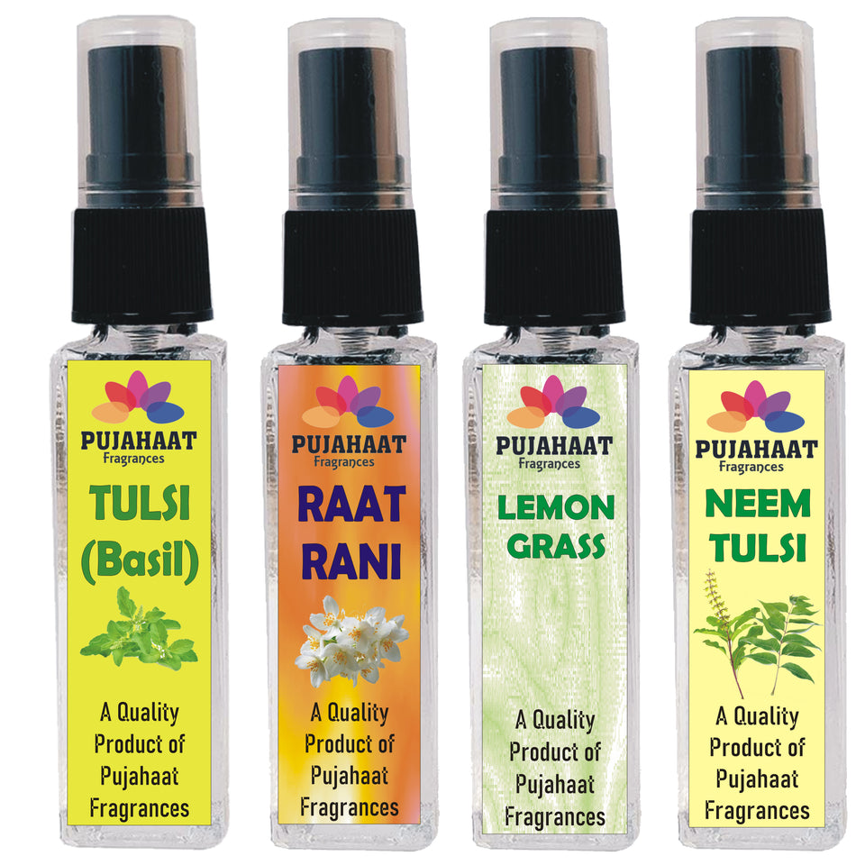 Pujahaat Set of 4 Perfume Attar Spray 8ml | itra/ittar Perfume | For Pooja/Personal Use Tulsi, Raatrani, Lemongrass, Neem Tulsi
