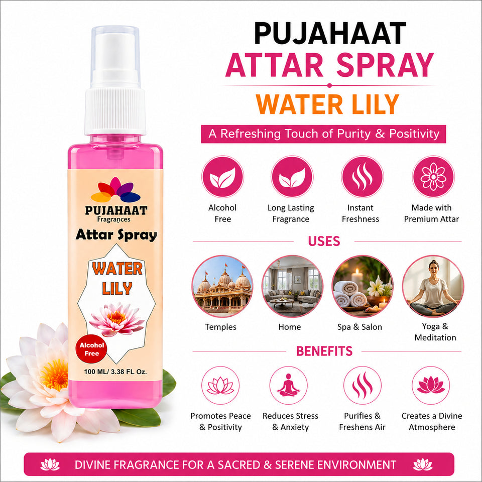 Water lily Attar Spray by Pujahaat | 100ml Non Alcoholic Spray | Religious Mist | Air Freshener, Room Mist, Fabric & Linen Spray | Perfect for Prayers Rooms, Living Room, sofas, curtains, car