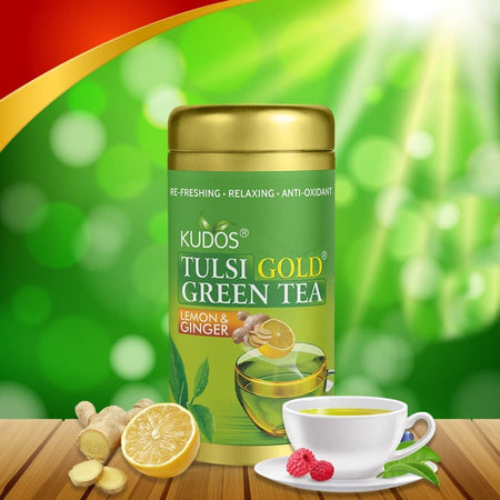 Kudos Tulsi Gold Green Tea Lemon & Ginger (Green, 100g) Pack Of 2