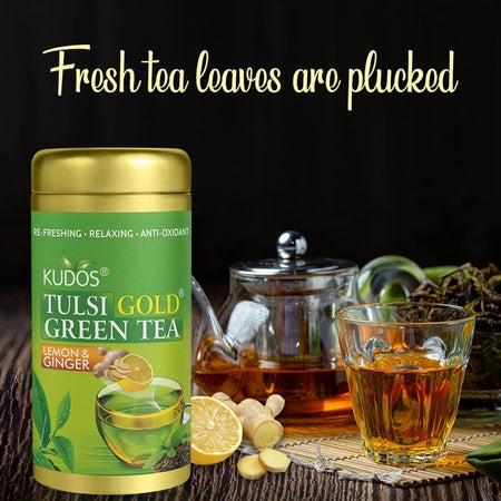 Kudos Tulsi Gold Green Tea Lemon & Ginger Jar + Pouch (Green, 100g)
