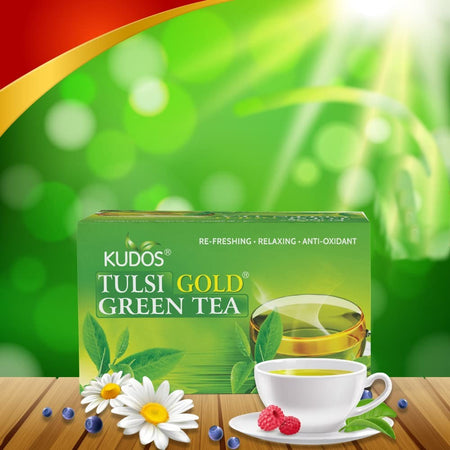 Kudos Ayurveda TULSI GOLD GREEN TEA (2G*25 BAG) Lemon Grass, Ginger Green Tea Bags Box (25 Bags)