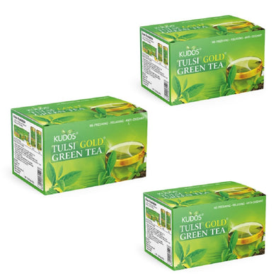 Kudos Ayurveda TULSI GOLD GREEN TEA (2G*25 BAG) Lemon Grass, Ginger Green Tea Bags Box (25 Bags) Pack Of 3